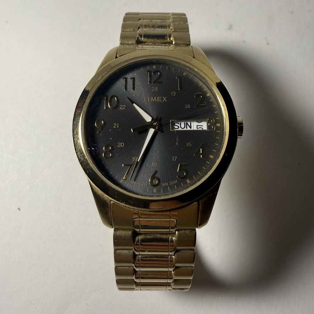 Timex Men's Gold Tone Watch Grey Dial Day Date Indiglo WR 30M Stretch Band